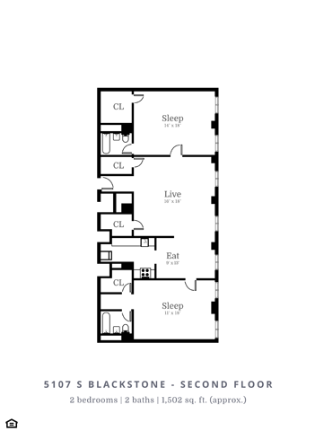 Floor plan for 2 beds, 2 baths, 1502 sqft
